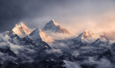 Uitzicht op de Himalaya tijdens een mistige zonsondergangnacht - Mt Everest zichtbaar door de mist met dramatische en mooie verlichting
