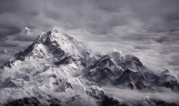 View of the Himalayas during a foggy sunset night - Mt Everest visible through the fog with dramatic and beautiful lighting