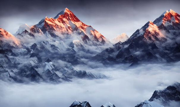 View of the Himalayas during a foggy sunset night - Mt Everest visible through the fog with dramatic and beautiful lighting