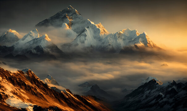 View of the Himalayas during a foggy sunset night - Mt Everest visible through the fog with dramatic and beautiful lighting