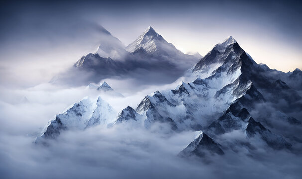 View of the Himalayas during a foggy sunset night - Mt Everest visible through the fog with dramatic and beautiful lighting