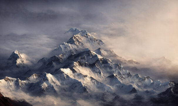 View of the Himalayas during a foggy sunset night - Mt Everest visible through the fog with dramatic and beautiful lighting