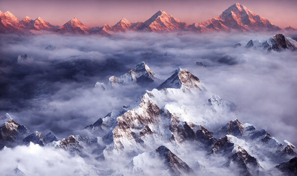 View of the Himalayas during a foggy sunset night - Mt Everest visible through the fog with dramatic and beautiful lighting