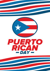 Puerto Rican Day. National happy holiday. Festival and parade in honor of independence and freedom. Puerto Rico flag. Latin american country. Patriotic elements. Vector poster illustration