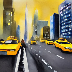 Watercolor hand drawn illustration of street view in New York at night, people at street walking, yellow taxi. Manhattan watercolor drawing, print template, poster, greeting card