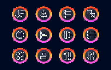 Menu buttons set icon. Tiles, squares, arrows, lists, application buttons, alignment, slider, slide, scrolling, sorting in ascending and descending order.. Knob conceept. Glassmorphism style