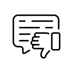 Speech Bubble with dislike line icon. Review, rating, emoticon, thumb down, bad mood, comment, click, rate the level of service. Impression concept. Vector black line icon on a white background
