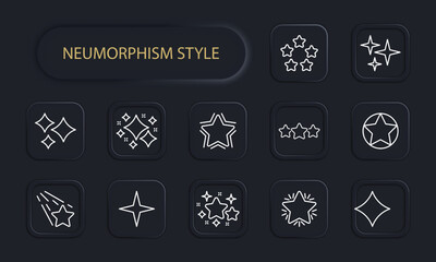 Stars set icon. Review, feedback, Inspiration,, flicker star, shimmer, shine, rating, shooting star with tail, star of bethlehem, space. Dream concept. Neomorphism. Vector line icon for Business