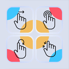 Touch press set icon. Index finger, decrease, increase, approximation, Scrolling, click, arrow, sensor, turn, slider, touch screen. Zoom in concept. Neomorphism style. Vector line icon for Business