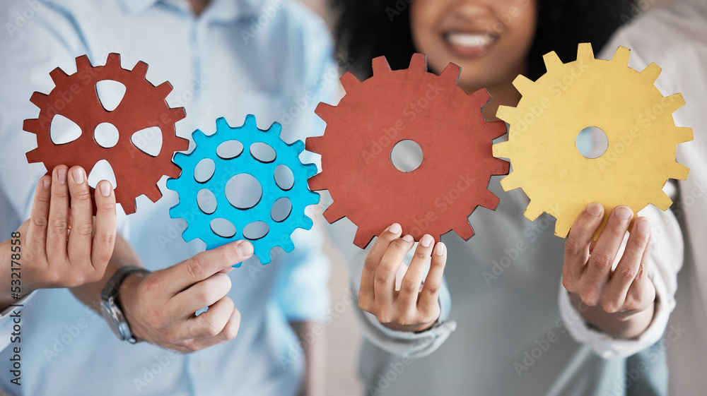 Poster Problem solving business people with integration sign for teamwork, collaboration and connection while working together. Corporate worker group with cogs for synergy, cooperation and system solution