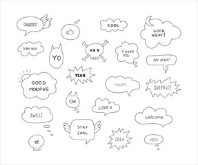 Cute hand drawn doodle vector set speech bubbles with dialog words hey, surprise, welcome, idea, honey. Isolated on white background
