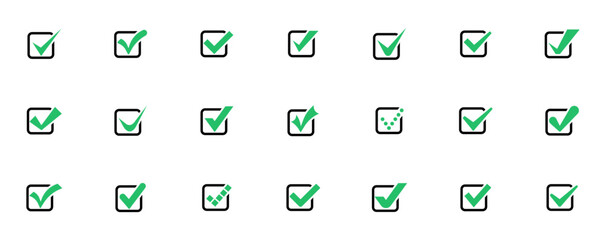 Set of check mark icons in square. Check marks or ticks. Green confirm symbol. Check list icon. Vector illustration