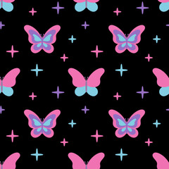Vector seamless pattern with butterflies in blue and pink colors. Nostalgia for the 2000 years. Y2k style.
