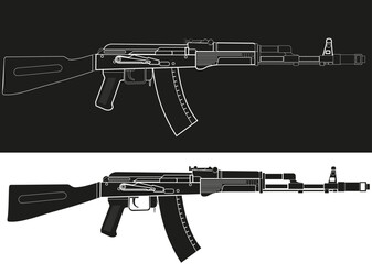 Assault rifle Kalashnikov AK74 in black and white lines on a black background