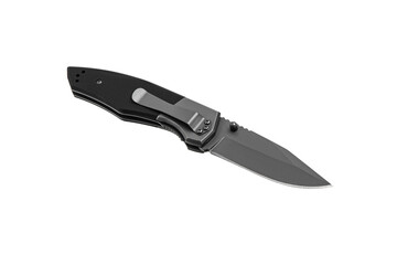 Pocket folding knife isolate on white back. Compact metal sharp knife with a folding blade.