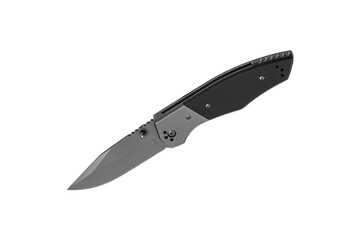 Pocket folding knife isolate on white back. Compact metal sharp knife with a folding blade.