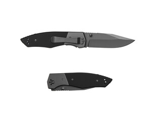 Pocket folding knife isolate on white back. Compact metal sharp knife with a folding blade.