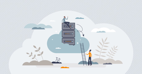 Fototapeta na wymiar Cloud server with database upload for information storage tiny person concept. File backup solution with wireless sync technology vector illustration. Data file download from hosting infrastructure.
