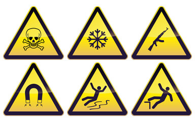Obraz premium Collection of black and yellow triangular signs of industrial dangers such as strong magnetic fields, danger of death, very low temperature, danger of slipping or falling and weapon of war