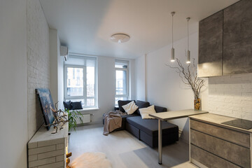 Small studio apartment interior with kitchen area and rope screen