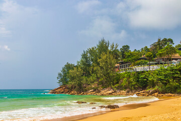 Naithon Beach bay panorama with turquoise clear water Phuket Thailand.