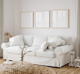Fototapeta Three wooden square frames in farmhouse living room interior background, 3d render obraz