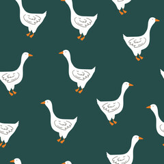 Pattern with cute goose on green background. Vector illustration in flat style. Digital animal repeat background.  Design for fabric, wallpaper or wrap paper.