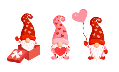Three pretty gnome on Valentine's Day. Vector romantic illustration of nordic elves.