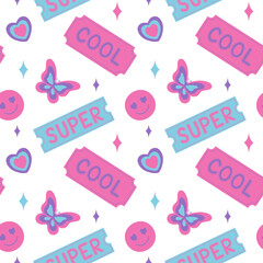 Girly pattern with cool cute stickers in y2k style. Vector illustration.