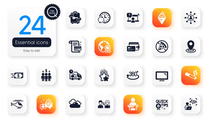 Set of Business flat icons. Prohibit food, Networking and Voice wave elements for web application. Location, Video conference, Payment card icons. People communication, Idea. Vector