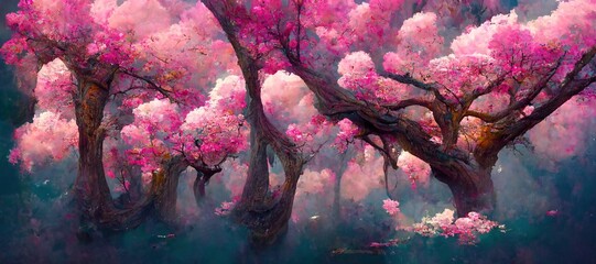 Magical forest of pink cherry blossom trees, tranquil surreal fantasy with stylized pastel background. Vibrant hues, colorful outdoor scenery - wondrous fairy fantasia kingdom.