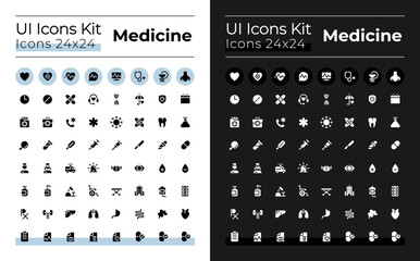 Medicine glyph ui icons set for dark, light mode. Medical treatment. Silhouette symbols for night, day themes. Solid pictograms. Vector isolated illustrations. Montserrat Bold, Light fonts used