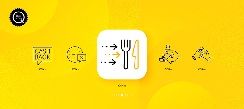 Delegate work, Clapping hands and Time minimal line icons. Yellow abstract background. Food delivery, Money transfer icons. For web, application, printing. Share job, Clap, Remove alarm. Vector
