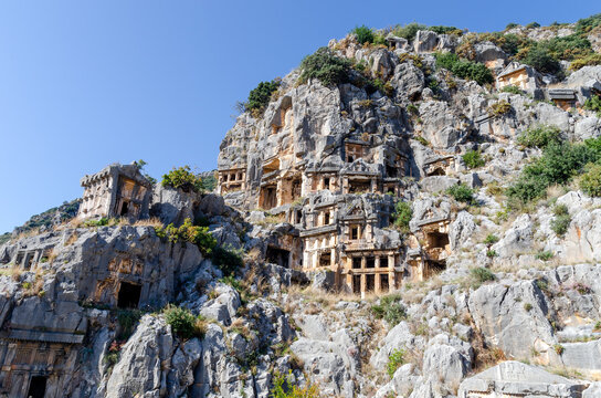 Rock-cut tombs of necropolis in the ancient lycian city of Myra. Territory of modern Demre city, Antalya province, Turkey