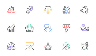 Business people line icons set. Meeting, job structure, team. Group people, communication, member icons. Congress, talk person, partnership. Job interview, business idea, voting. Vector - obrazy, fototapety, plakaty