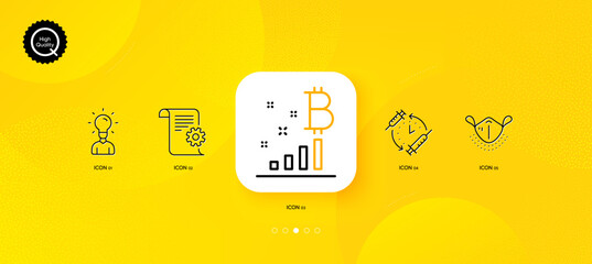Fototapeta na wymiar Vaccination schedule, Technical documentation and Bitcoin graph minimal line icons. Yellow abstract background. Education, Medical mask icons. For web, application, printing. Vector