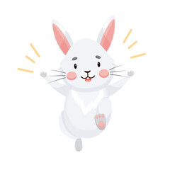 Cute gray rabbit rejoices, shouts. Happy bunny jumping with happiness. Character in cartoon style. Vector illustration isolated on white background