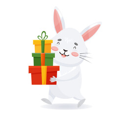 Cute gray rabbit carries gifts. Happy bunny goes to give gifts. Character in cartoon style for holiday day. Vector illustration isolated on white background