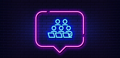 Neon light speech bubble. Teamwork line icon. Remote office sign. Team employees symbol. Neon light background. Teamwork glow line. Brick wall banner. Vector