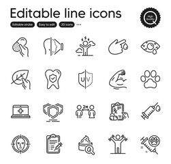 Set of Healthcare outline icons. Contains icons as Dog paw, Organic tested and Shields elements. Face id, Dog vaccination, Blood donation web signs. Medical syringe, Uv protection. Vector