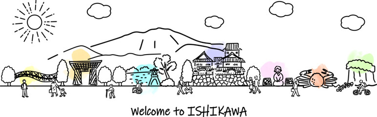 石川県の観光地の街並みと人々のシンプル線画イラスト