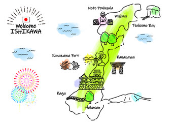 Obraz premium 石川県の観光地の街並みと人々のシンプル線画イラスト