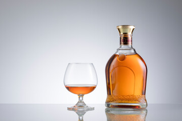 view of glass of cognac and a bottle aside on grey  background. 