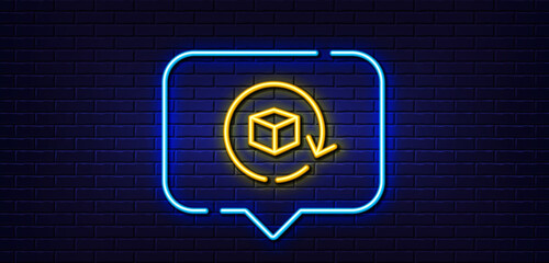 Neon light speech bubble. Return package line icon. Delivery parcel sign. Cargo goods box symbol. Neon light background. Return package glow line. Brick wall banner. Vector