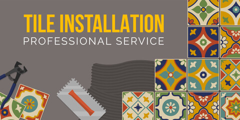 Professional tile installation banner with tools