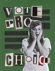 Contemporary art collage. Young woman over green background. Freedom of woman's rights. Abortion is...