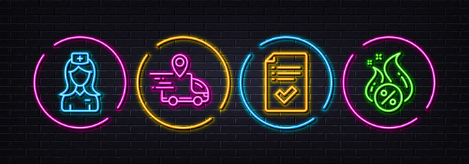 Delivery truck, Hospital nurse and Approved checklist minimal line icons. Neon laser 3d lights. Hot loan icons. For web, application, printing. Vector