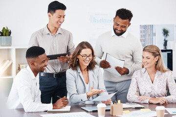 People, manager and business meeting paperwork discussion, KPI review or finance report with...