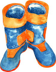 Watercolor pair of colorful blue orange rubber boots for autumn rain weather
