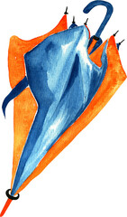 Watercolor bright orange blue rain umbrella isolated